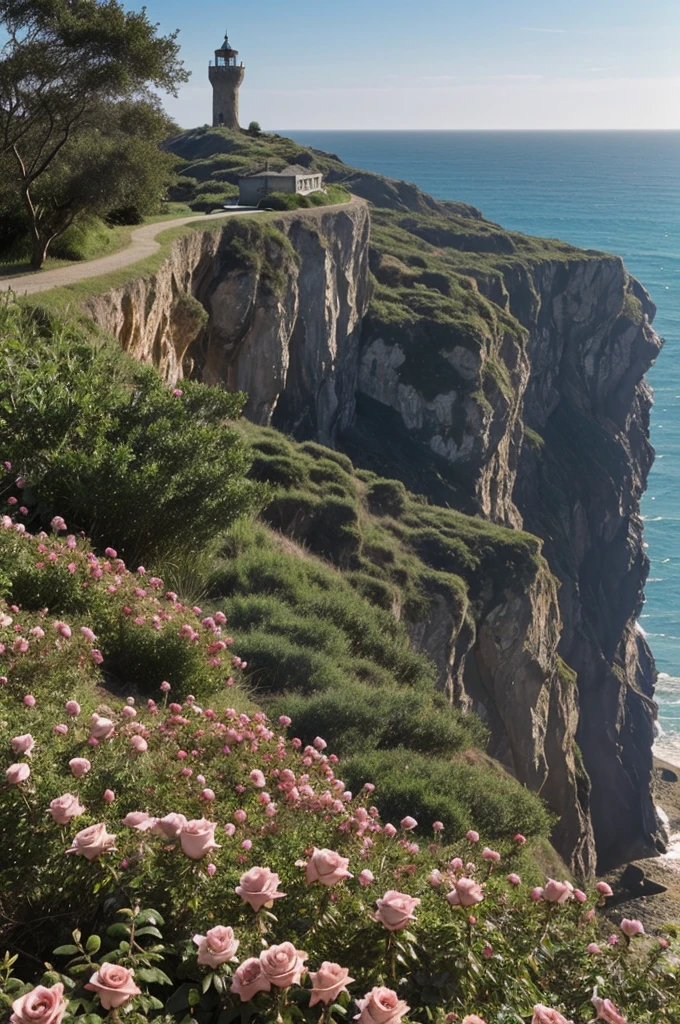 I want a tower covered in rose bushes seen from a ground level perspective that is located on the side of a cliff and that the background is the sea that looks deteriorated and abandoned but the image has a tinge of nostalgia
