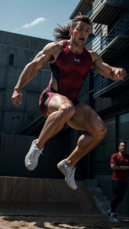 a fearless athlete doing long jump, muscular athletic man in mid-air, dynamic action pose, photorealistic, highly detailed, cinematic lighting, epic scene, powerful movement, razor-sharp focus, dramatic shadows, cinematic composition, ultra-realistic, ultra-detailed, 8k, hyper-realistic, professional photography, dynamic action shot, powerful muscles, toned physique, intense facial expression, mid-jump, maximum effort, dynamic motion blur, dramatic angle, dramatic lighting, cinematic color grading, stunning realism, intense athleticism