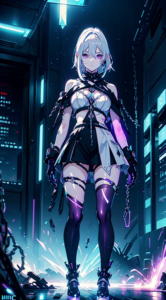 Android Girl,white hair,short and messy hair, purple neon eyes, Holding a chain whip, chains on the hands, circular chains over body, cute, skirt, white blouse, cyberpunk style, eletronic gloves, mecanic parts, eletronic details,living room background.HD lighting and dark )(epic image quality) dark atmosphere with bright particle light(many effects in background), fullbody shot, robot, neon tweaks, cyberpunk theme