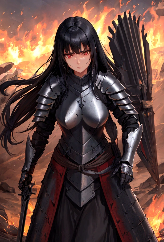 A black-haired female warrior wearing armor cries in the midst of war and fire., wide angle photography, Realistic beauty, high resolution, Excellent quality, Masterpiece