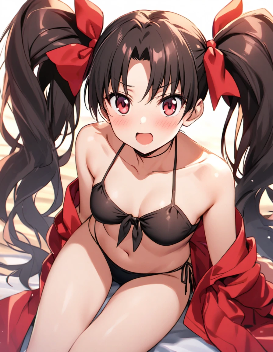 NSFW,masterpiece,Highest quality,High resolution,Super detailed,Nekone \(Utawarerumono\),Brown Hair、（Red Eye：1.3）、ribbon,Twin tails、ヘアribbon、Mole、目の下のMole,Small breasts,Japanese style,High quality sexy bikini,beach,Palm tree,Rock Shade,Embarrassed,blush,(Seduce),(Strong-faced men),A man rubs my buttocks