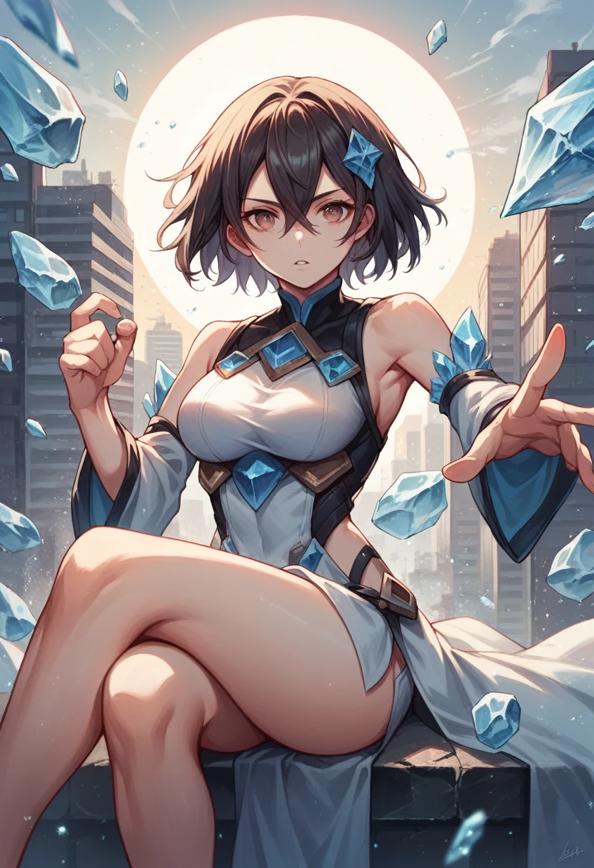 solo, short hair, hair ornament, hair between eyes, detached sleeves, ice particles, detailed, intricate details, action pose, looking at viewer, destroyed buildings, city, parted lips, crossed legs, looking at viewer