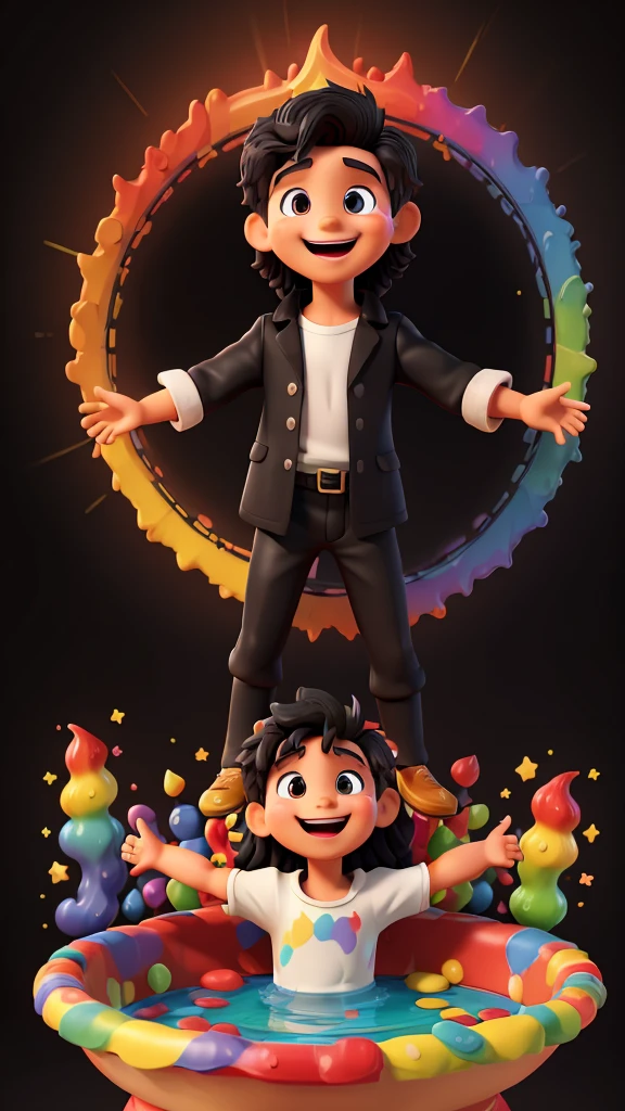 An exuberant 3D representation of (child Jesus) God with an hourglass, clock (period clothing), his expressive eyes shining with joy as he laughs with his mouth open, black background with a large pool of multicolored paint, the background has animation effects. colorful splashes, (((pool of multicolored paint on a black background surrounding the character) )), The black background shines with a pool of paint behind the 3D characters.