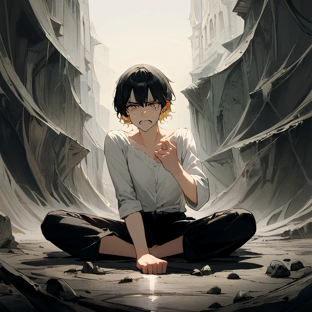 1 person, good looking, White shirt, Black Hair, Blonde Eyes, Sit on the ground, I gritted my teeth., fist, half: 1.2, anger: 1.2, tears, Surrealism