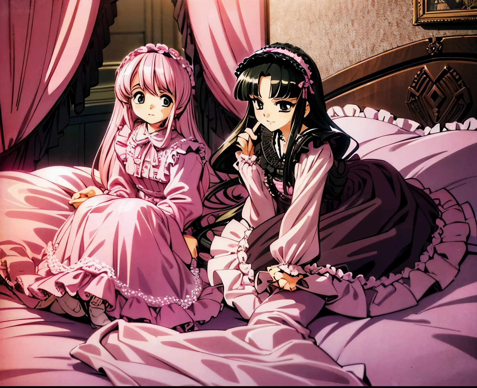 ,highest quality, masterpiece, highest resolution, artwork, 90s styles anime illustration,(( 10 year old girl)),Super detailed baby face,high quality small face,long black hair,Japanese,landmine girl,pajamas,,curly hair,((((Pink Lolita Fashion Long Skirt One Piece Dress)))),((Cute pink pajamas with lots of frills and ribbons)),((Luxurious pink headdress with frills and ribbons)),((((black ruffles and lace)))),detailed headdress,,(((big yoke collar))),Yoke collar with ruffles and ribbons,((((long sleeve)))),ruffle sleeves,((((long skirt)))),pink and black pillow with large ruffles and ribbons,(((Nice pink outfit))),On a luxurious canopy bed,canopy bed,The bed is surrounded by luxurious curtains,There are many pink and black frilly pillows on the bed.,Behind the girl are many pink and black frilly pillows...,super detailed background,detailed bed,((((pink duvet with black lace and ruffles)))),soft pink comforter,Highly detailed soft ruffle pillow,Beautiful girl illustration,detailed beautiful face,thin hair,detailed eye ,detailed eyes,detailed mouth, arm details,fine hands,Detailed pillow,wide bed,Illustration on the bed, ,((((round futon)))),((((A large pink futon that covers the entire bed)))),detailed comforter,detailed bedシーツ,Before bedtime,romantic atmosphere,palace bedroom,((((The lower body is hidden under a large futon....)))) The girl is leaning on a pile of pillows, ,((((round futon)))),((((Large pink ruffle comforter with black ruffles and lace covering the entire bed)))),look at me with contempt,Hold your hands,bring both hands close to the mouth,