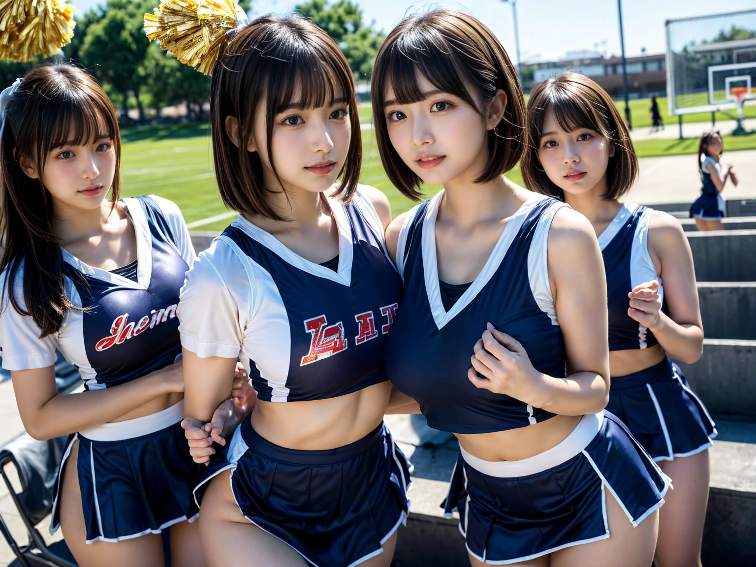 (RAW photo, 4k, masterpiece, high resolution, extremely complex) (realistic: 1.4), cinematic lighting
((2 girls, 2 schoolgirls)),blushing,((innocent)),bright eyes,round eyes,blunt bangs,(short bob hair:1.3),black hair,large breasts,wide hips,Summer Noon, ,Hot, (Best Quality), (Highres), (an Extremely Delicate and Beautiful),(Beautiful 8k face),(Brown eyes),( spectators),(gigantic breasts),(Play with each other,Touching each other's bodies,Touching the body),(cheer girl:1.5),(a miniskirt),(reality),bright lighting,(The background is a luxury hotel room)