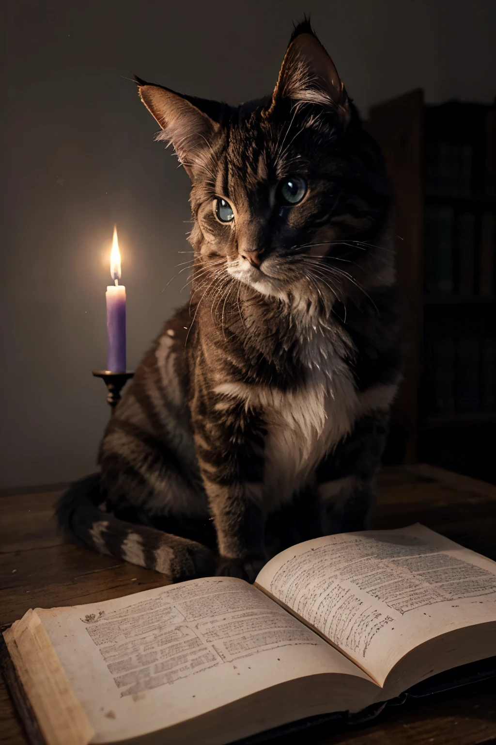 Un chat mystique avec des yeux violets brillants et des runes magiques flottant autour de lui, se tenant sur un livre ancien ouvert dans une bibliothèque enchantée. Le chat a un pelage sombre et soyeux, avec des pattes délicates et des griffes dorées. Des étagères remplies de vieux grimoires et des bougies flottantes ajoutent à l'atmosphère magique et mystérieuse. L'éclairage est doux et chaleureux, principalement provenant des bougies et des runes magiques flottantes. Intègre un symbole de rune magique lumineuse sur le front du chat, émettant une lueur violette.