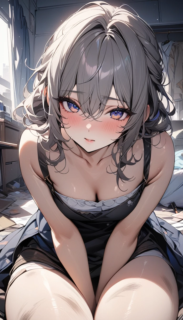 {Best Quality}, {ultra-detailliert}, {very detailed illustration}, silber hair, Aimei, embarrassed from，breastsout，red blush，Black tie，Be undress，{Suspender Skirt}，suspenders，skirt by the，Casual clothing，a bed，{all-fours}，Cool，Lateral view，bustup，Woman being pushed down