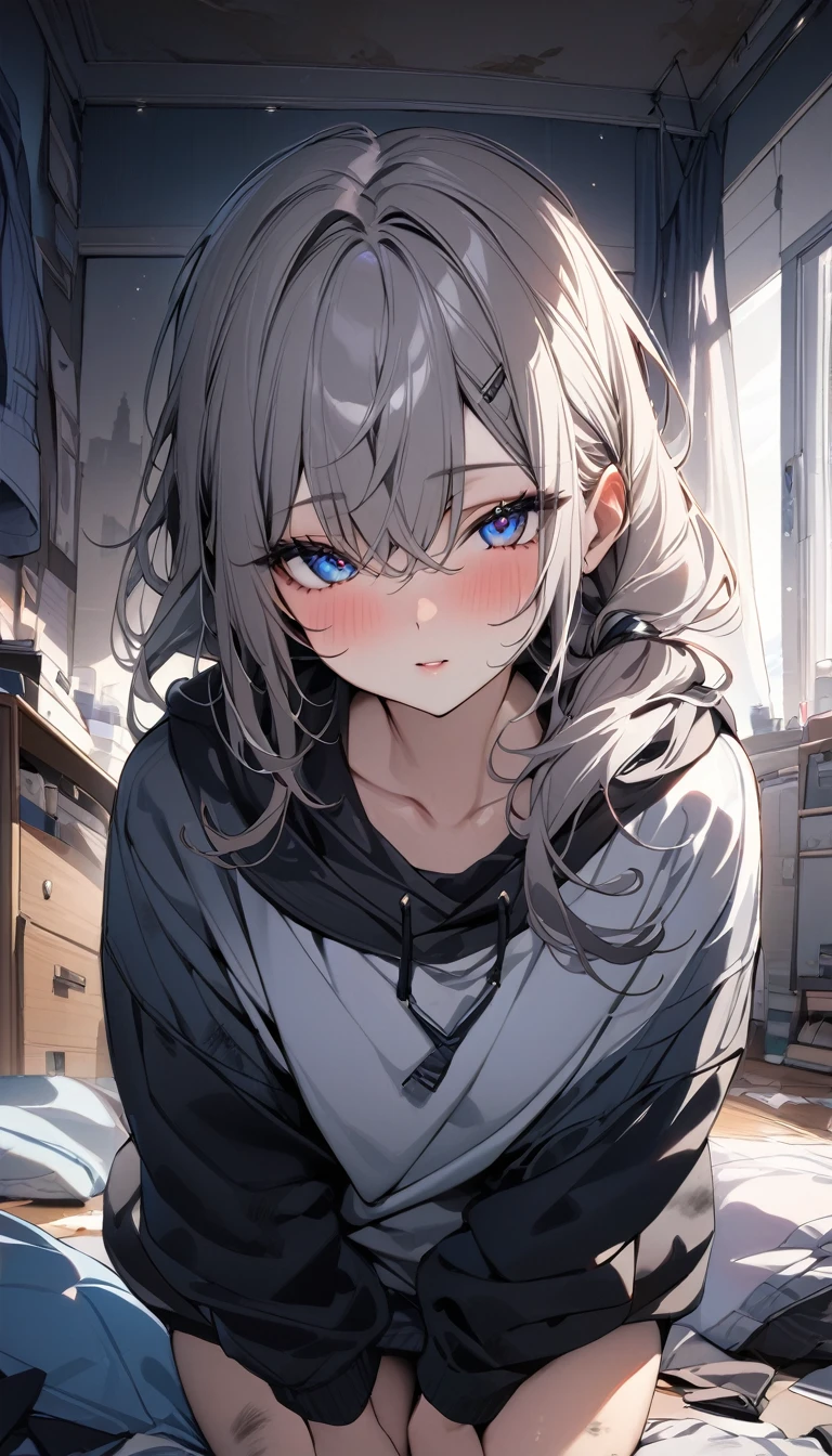 ((最high quality, 8K, masterpiece)), High resolution、（high quality: 1.5）、Very detailed、Detailed face、Bright colors、Natural light、Fine grain、Colorful eyes、Beautiful Face、非常にDetailed faceのテクスチャの女性,masterpiece, 最high quality, Detailed and beautiful eyes,最high quality、Best image quality、masterpiece、Mr.々Hairstyle,girl,Just beautiful,Messy room,Dirty room,Shabby clothing,Messy Hair,,最high quality、so beautiful、High resolution,(masterpiece:1.2)、(最high quality:1.2)、Latest Glossy Skin