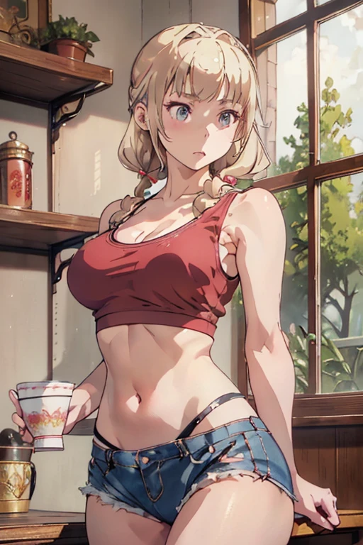 masterpiece、highest quality、Very detailed、An illustration、Beautiful fine details、One Girl、cute、Detailed landscape、Training Room Background:1.4、Platinum Blonde Hair、Braided Ponytail、Red camisole、((a cup breasts, Tank top showing underboob:1.3))
