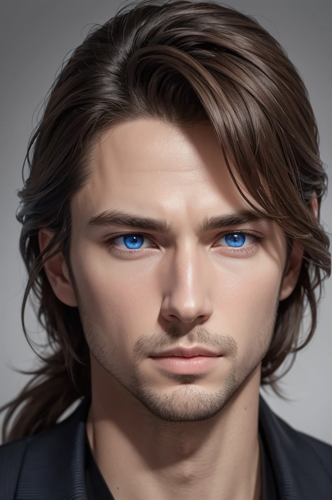 "Create a hyper-realistic, high-quality image of a male person with clear, detailed features. He has striking blue eyes and fair skin. The image should capture the fine details of his facial features, including the texture of his skin, the color and depth of his eyes, and the natural flow of his hair. The background should be neutral or subtly complement his appearance to ensure all attention is focused on the individual. Make sure the lighting and shadows enhance the realism and detail of the portrait."

