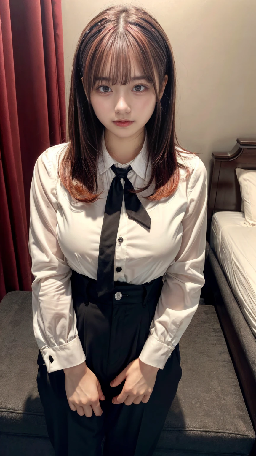 Highest quality、Ultra-high resolution、Professional Lighting、Detailed Background、hotel room、full body,Kobeni-chan、crying a little、25-year-old woman、beautiful girl、(Kobeni-chan、Jet black hair, Black Hair, bangs, One-sided hair,)、(Red Hair Clip:1.1)、(White shirt:1.2)+(Black tie:1.2)+(black long pants for work:1.2)、(Huge breasts that look like they might burst:1.2)、(Big thighs:1.1)、Are standing、Model pose