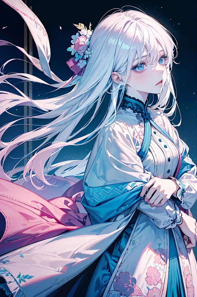 Albino teenage man with delicate appearance, She has light blue eyes with long, drooping eyelashes., lips a little full and pink just like her cheeks, fringed and layered hair with split ends
