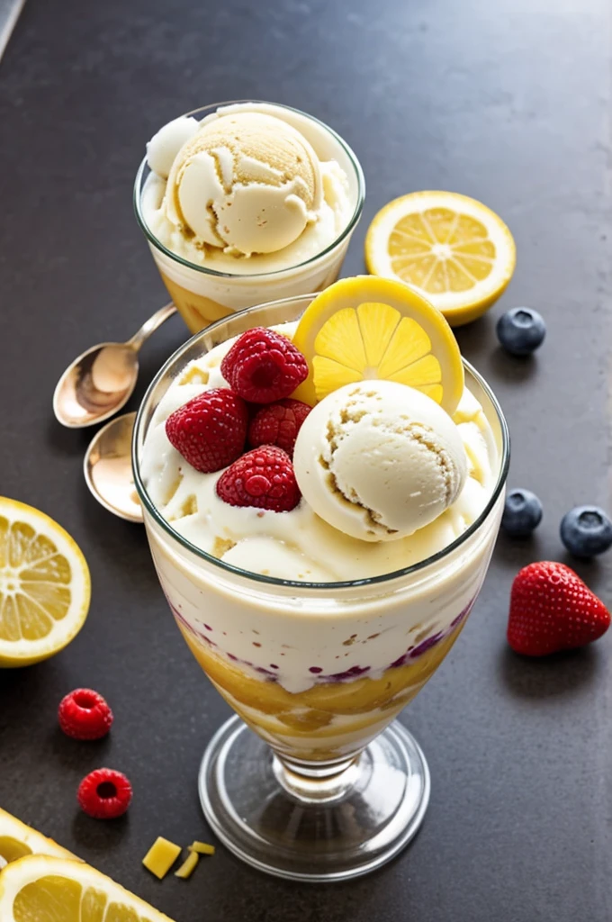 A glass with ice cream on the bottom and fruit on top