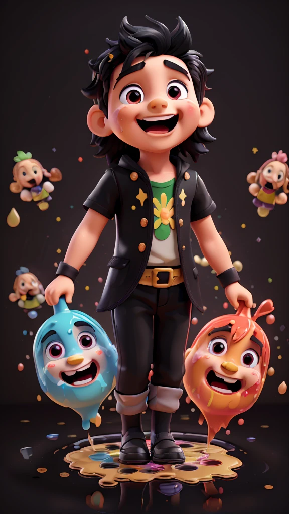 An exuberant 3D representation of (child Jesus) God with an hourglass, clock (period clothing), his expressive eyes shining with joy as he laughs with his mouth open, black background, the background has colorful splash effects, (((puddle of multicolored paint on a black background surrounding the character) )), The black background shines with a pool of paint behind the 3D characters.