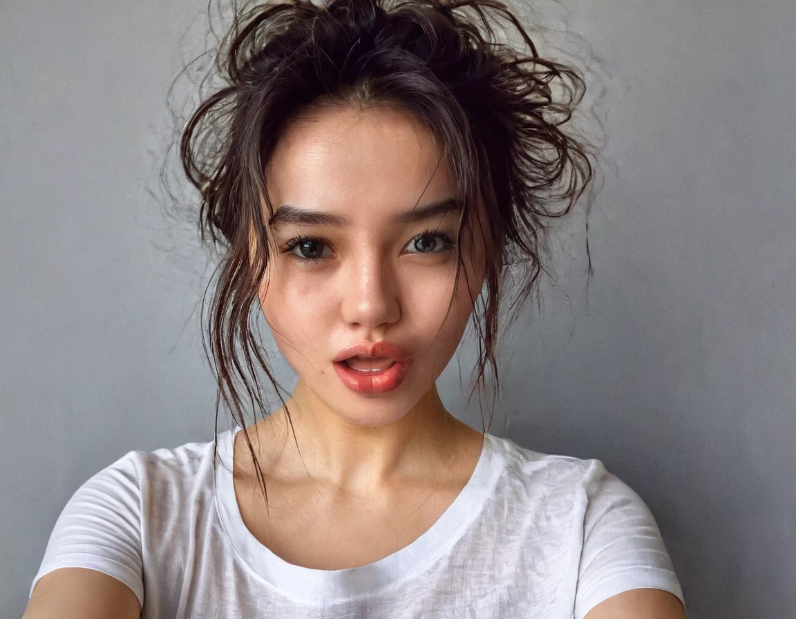 a girl take a selfie with a thin shirt , HIGHRES, clean face, with accurate face, solo, upper body, potrait, close up potrait, portait photo profile picture, REALISTIC , PHOTOREAL, messy hair, open mouth, perfect face, best image, HIGH RESOLUTION