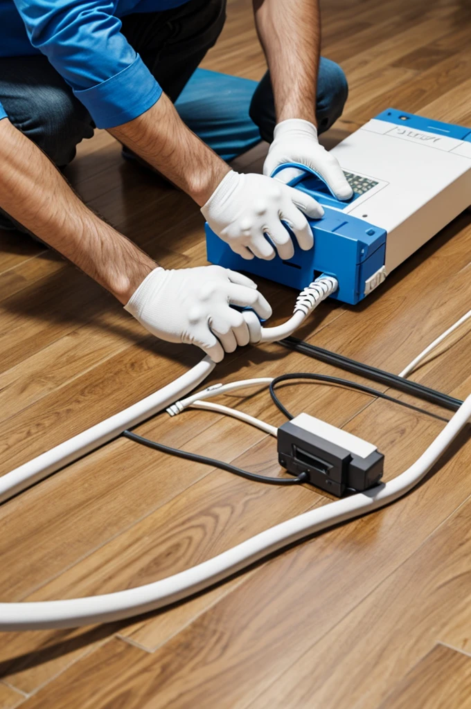 Laying white network cables on the floor