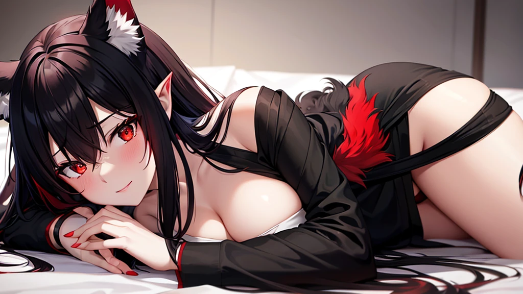 An adult woman, half wolf, black and red ears, ears down, red eyes, black and red hair, white dress, very shy, lying on the bed
