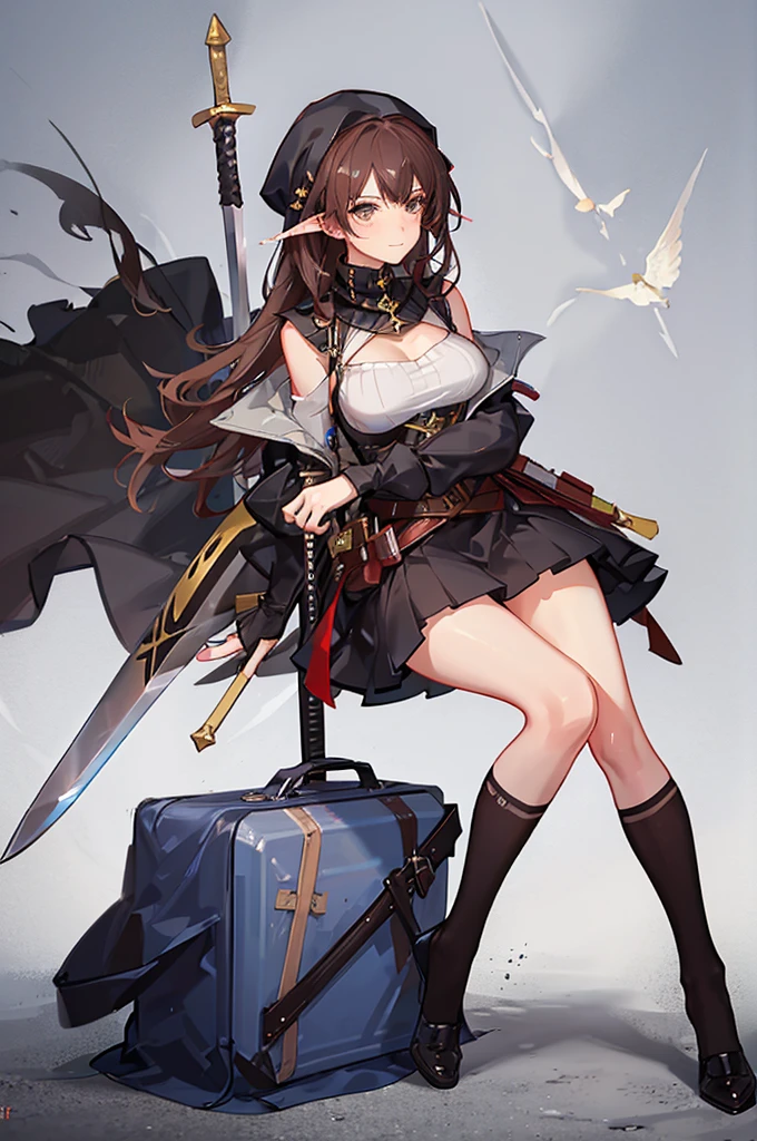 Royal sister，Mature，bandit，Robber Identity，Brown curly hair，Fantasy，Broadsword，expression，Smirk，shy，Blushing of the face，，Black socks，Soldier，fully armed，The weapon is a huge sword，
