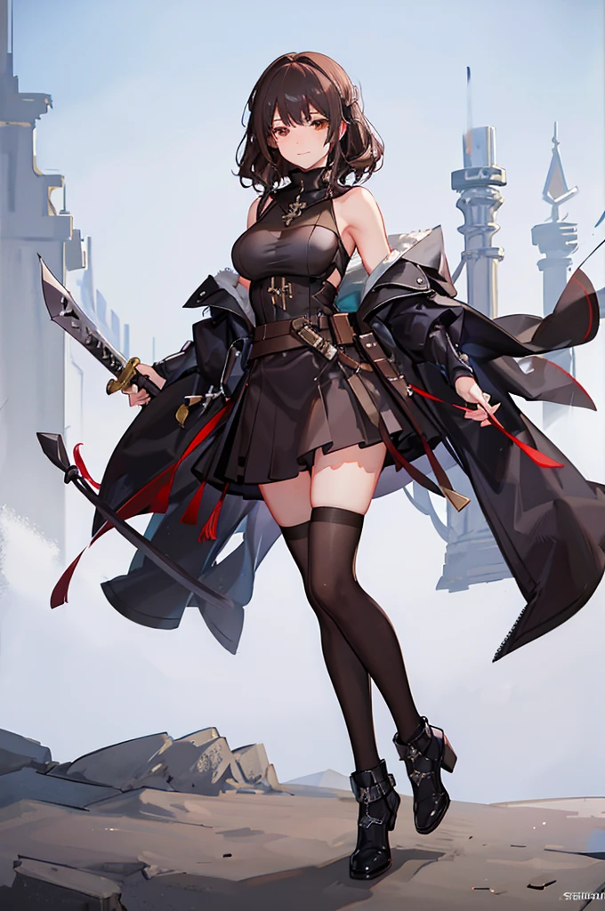 Royal sister,Mature,bandit,Robber Identity,Brown curly hair,Fantasy,Broadsword,expression,Smirk,shy,Blushing of the face,,Black socks,Soldier,fully armed,The weapon is a huge sword,