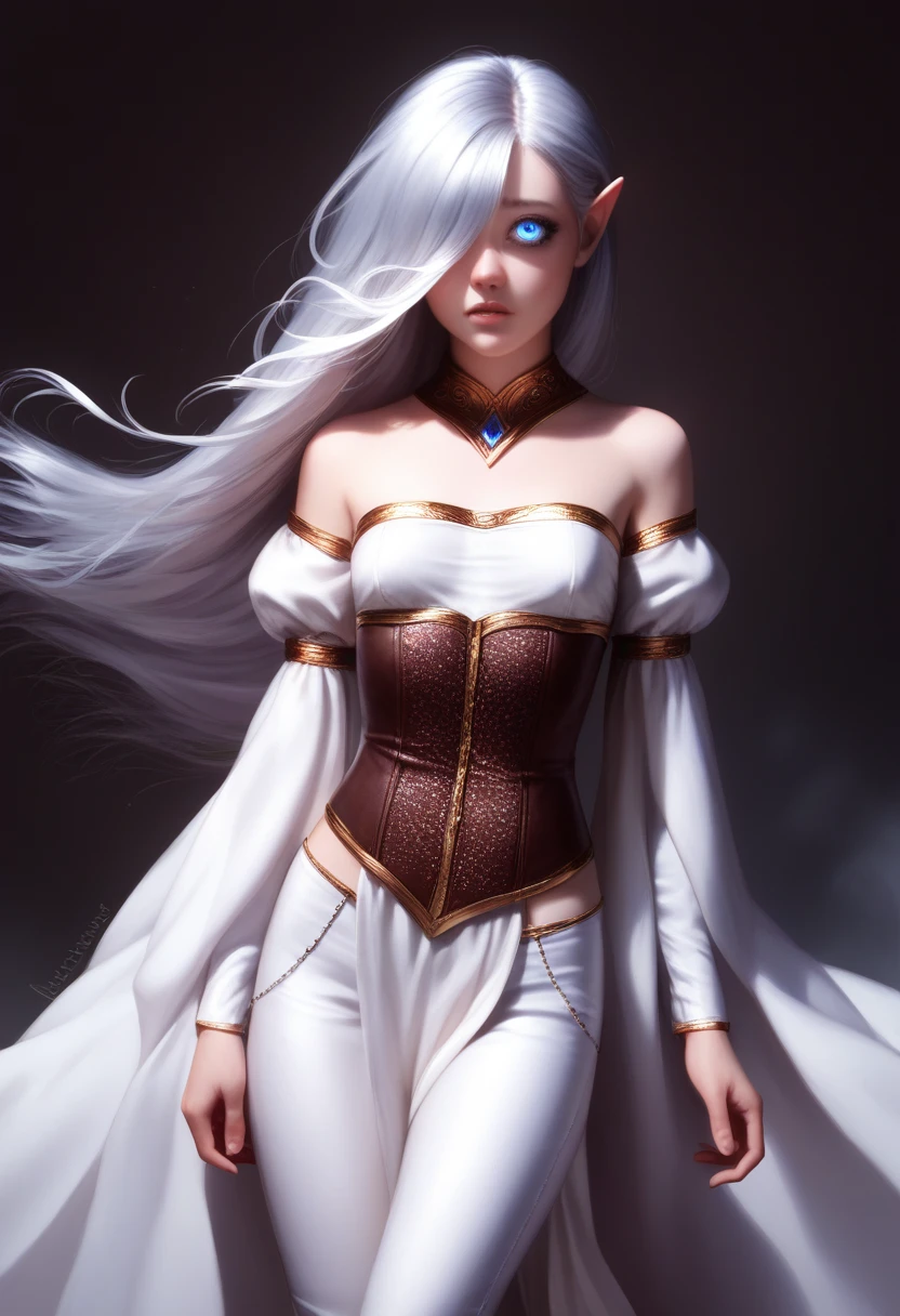 1girl, masterpiece, best quality, 8k, detailed skin texture, detailed cloth texture, beautiful detailed face, intricate details, ultra detailed, girl, halfling girl, halfling, pale skin, short, short stature, very long silver hair, straight hair that curls at the end, small breasts, pouty lips, masterpiece, best quality, dynamic pose, 8k, hair covering one eye, anime eyes, bright blue eyes, detailed eyes, big round eyes, realistic eyes, windy, eyeliner, shy personality, lots of belts, wind magic, fantasy, dungeons and dragons, detailed leather corset, white cloth shirt with puffy sleeves