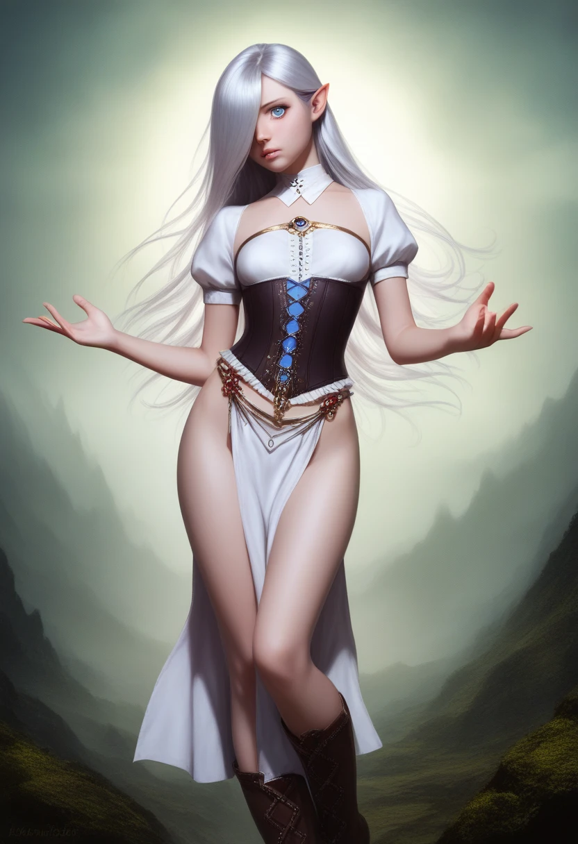 1girl, masterpiece, best quality, 8k, detailed skin texture, detailed cloth texture, beautiful detailed face, intricate details, ultra detailed, girl, halfling girl, halfling, pale skin, short, short stature, very long silver hair, straight hair that curls at the end, small breasts, pouty lips, masterpiece, best quality, dynamic pose, 8k, hair covering one eye, anime eyes, bright blue eyes, detailed eyes, big round eyes, realistic eyes, windy, eyeliner, shy personality, lots of belts, wind magic, fantasy, dungeons and dragons, detailed leather corset, white cloth shirt with puffy sleeves, detailed poufy pants with folds tucked into boots