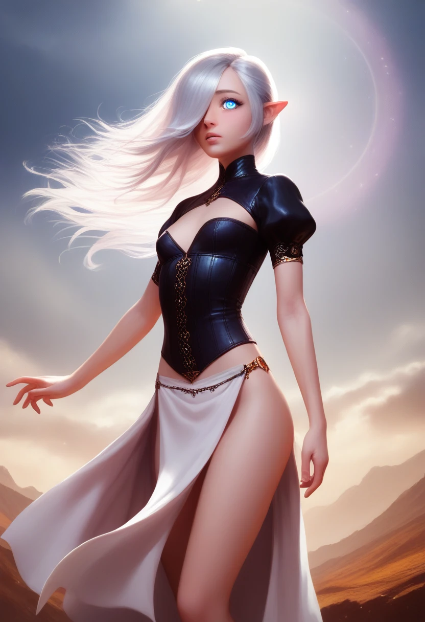 1girl, masterpiece, best quality, 8k, detailed skin texture, detailed cloth texture, beautiful detailed face, intricate details, ultra detailed, girl, halfling girl, halfling, pale skin, short, short stature, very long silver hair, straight hair that curls at the end, small breasts, pouty lips, masterpiece, best quality, dynamic pose, 8k, hair covering one eye, anime eyes, bright blue eyes, detailed eyes, big round eyes, realistic eyes, windy, eyeliner, shy personality, lots of belts, wind magic, fantasy, dungeons and dragons, detailed leather corset, white cloth shirt with puffy sleeves, detailed poufy pants with folds tucked into boots