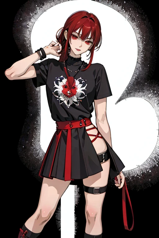 Produce the highest quality artwork (1.2) that shows a close-up of the eyes and an emphasis on dark horror movie elements. The image should feature a single female character, standing alone, and **Shiny red hair** and **deep, red eyes**. She should be dressed in a black striped tee shirt and red checked skirt and silver bracelet and long lace-up boots, Has a distinctive anime style. The character should have an intense gaze and a smile, and should be looking directly at the viewer as if in an interview (interview: 1.3). The background should be blurred to give a realistic effect (Dark Background, Blurred Background).