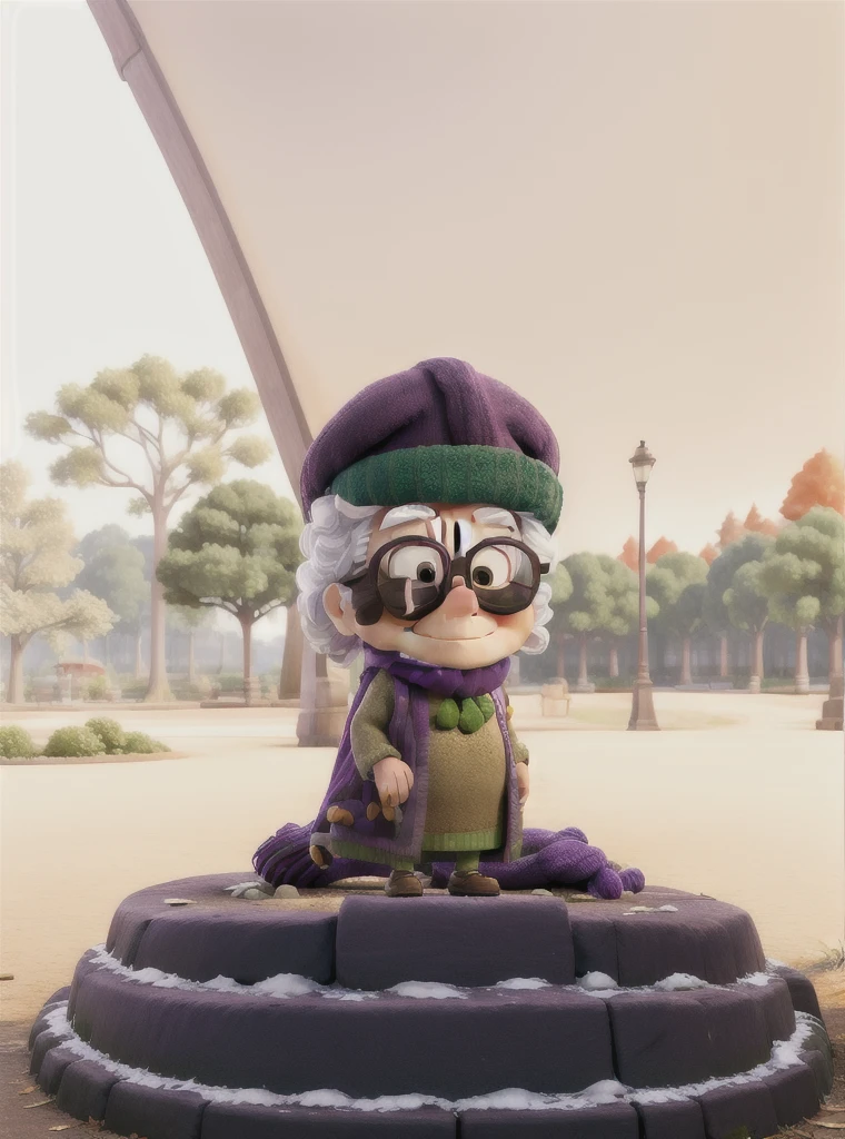 masterpiece, best quality, an old woman with glasses and a scarf on, wearing a purple coat and green scarf, standing at the park