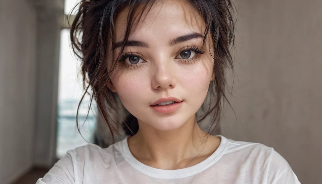 a girl take a selfie with a thin shirt , HIGHRES, clean face, with accurate face, solo, upper body, potrait, close up potrait, portait photo profile picture, REALISTIC , PHOTOREAL, messy hair, open mouth, perfect face, best image, HIGH RESOLUTION