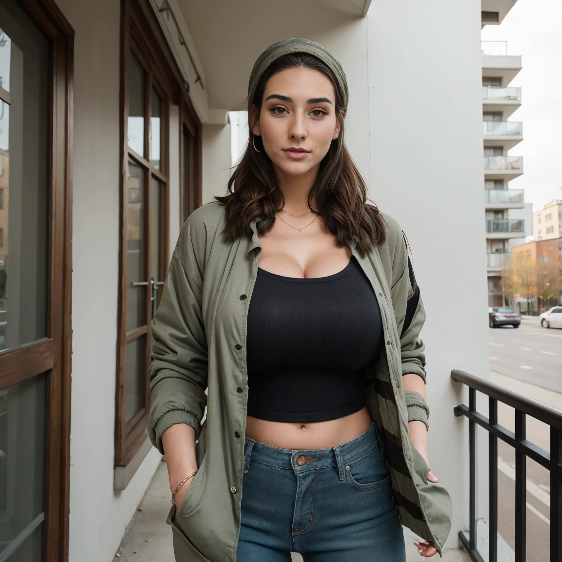 Extremely busty thin and toned brunette photographer, college girl, fair skin, loose ponytail, soft face, athletic, bandana babushka headwrap, tight olive green casual windbreaker, skinny jeans. standing in front of her apartment building, outdoors, city, camera bag, cleavage 