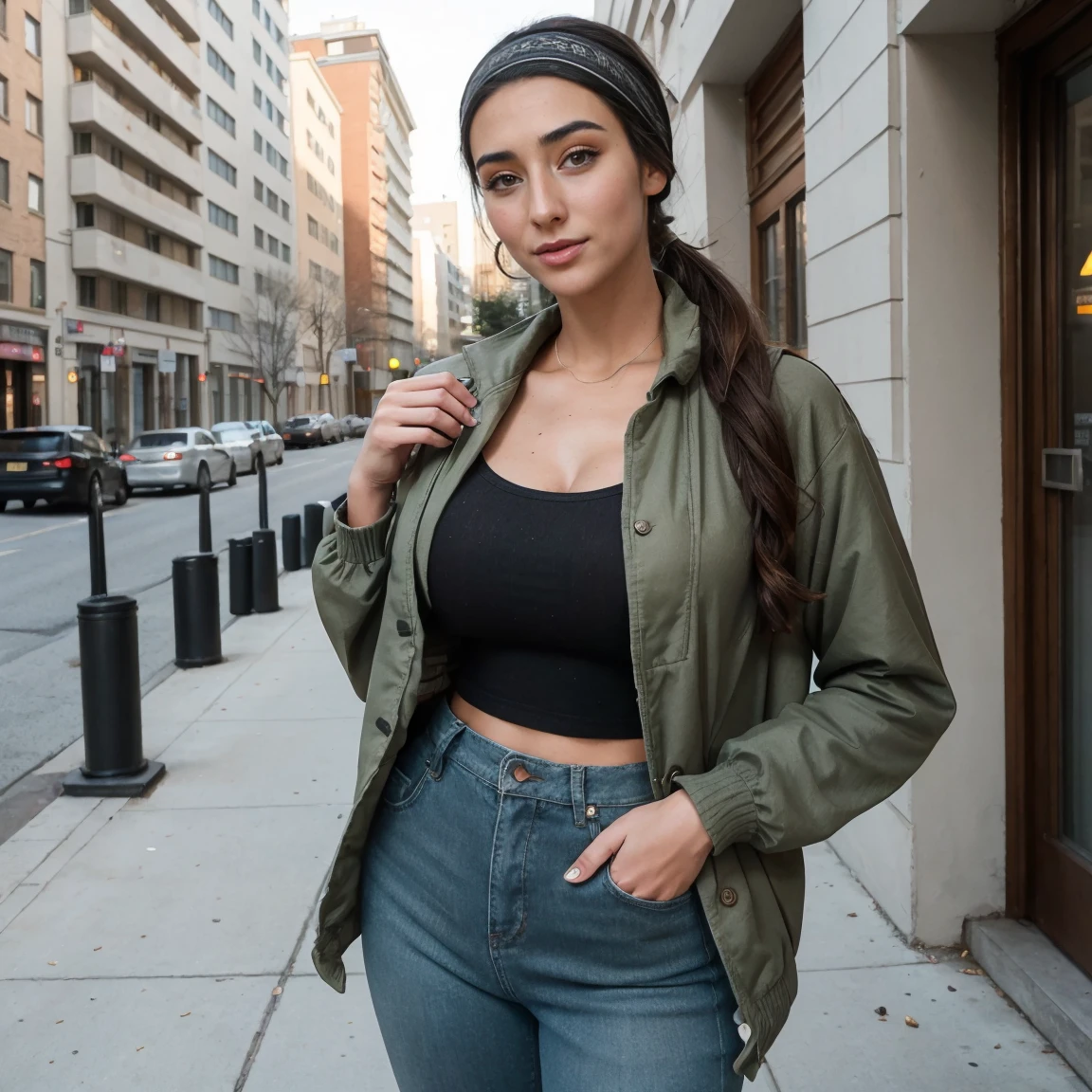 Extremely busty thin and toned brunette photographer, college girl, fair skin, loose ponytail, soft face, athletic, bandana babushka headwrap, tight olive green casual windbreaker, skinny jeans. standing in front of her apartment building, outdoors, city, camera bag, cleavage 