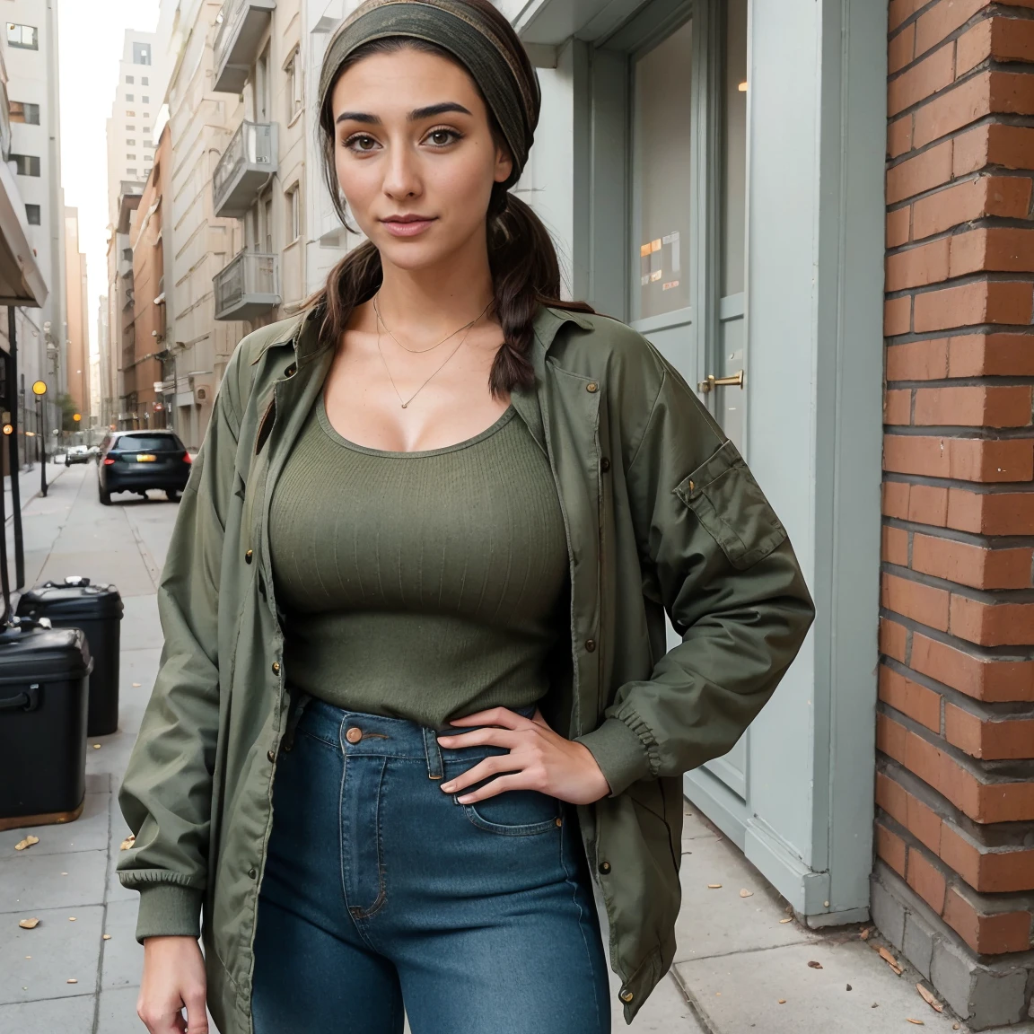 Extremely busty thin and toned brunette photographer, college girl, fair skin, loose ponytail, soft face, athletic, bandana babushka headwrap, tight olive green casual windbreaker, skinny jeans. standing in front of her apartment building, outdoors, city, camera bag, cleavage 