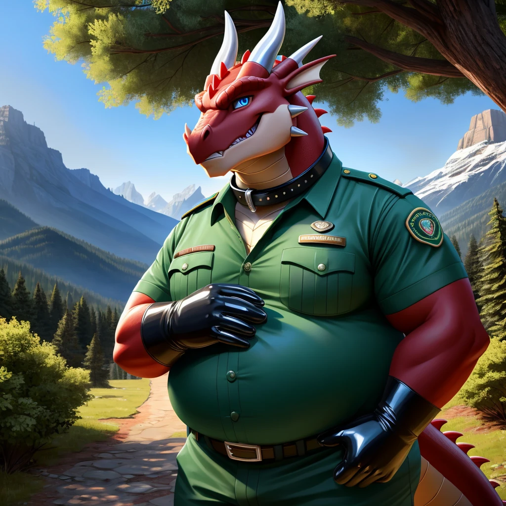 solo, full body, Male, fat, extremely obese, Dragon, park ranger, trousers, outdoor, park ranger uniform, collared shirt with buttons, blue eyes, (soft shading), 4k, hi res, ((detailed face, detailed)), looking at viewer, evil grin, Dragon is wearing the collared shirt and leather collar at the same time, Dragon is wearing a glossy leather dog collar around the neck, Dragon is wearing white rubber gloves on the hands, white rubber gloves on the feet, gloves are rubber in texture, leather collar is shiny, leather collar is extremely detailed, rubber gloves are glossy, Evergreen pine forest and mountains national park in the background, Environmental protection area.