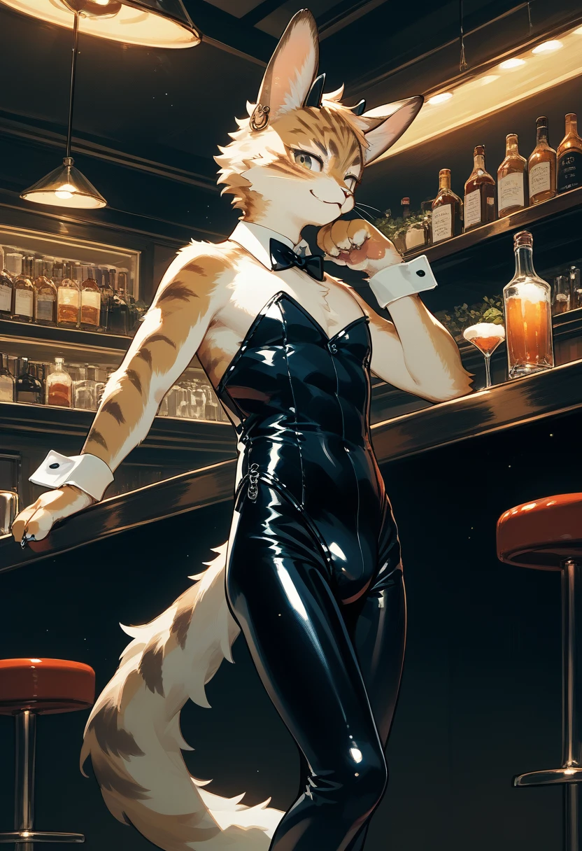 Highest quality, Highest quality, High quality illustrations, masterpiece, Ultra-high resolution, Detailed Background, bartender, bar, Shisha, Absurd, Perfect Anatomy, Performance, Good lighting, Shadows in the movie(kemono, Furry Personification)Dynamic Angle, Rubber suit, ラbarスーツ, latex, Earrings, Bunny Suit, Cat, male