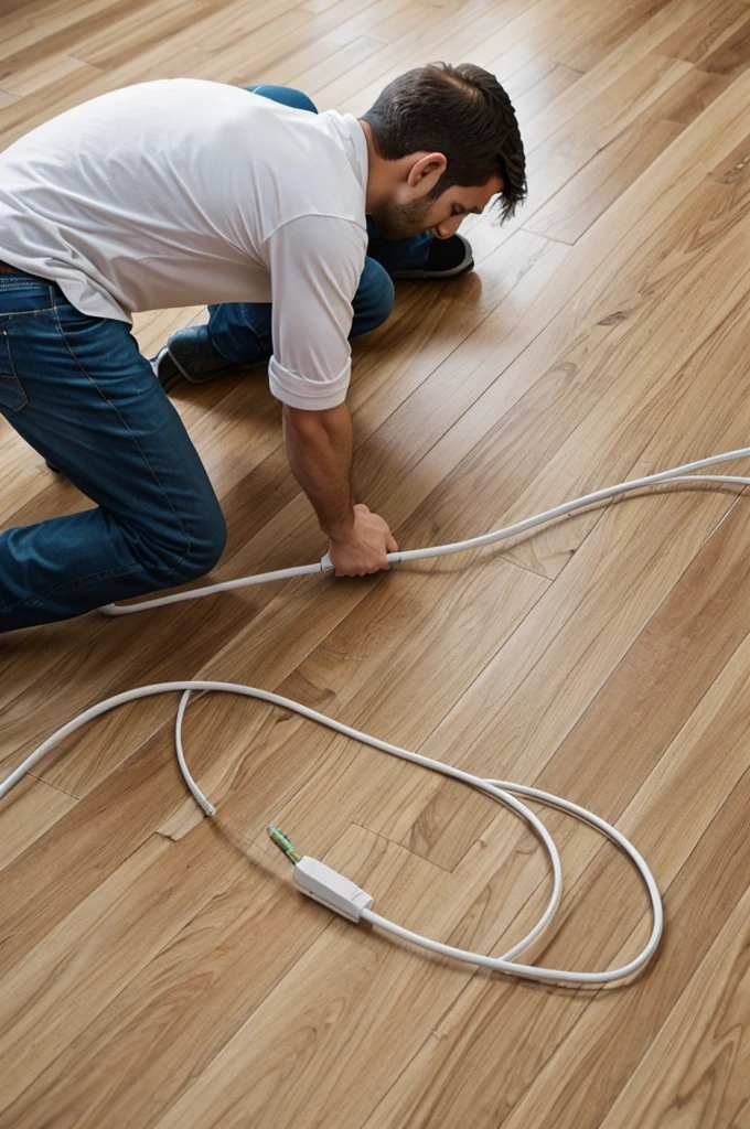 Laying 6 white network cables on the floor