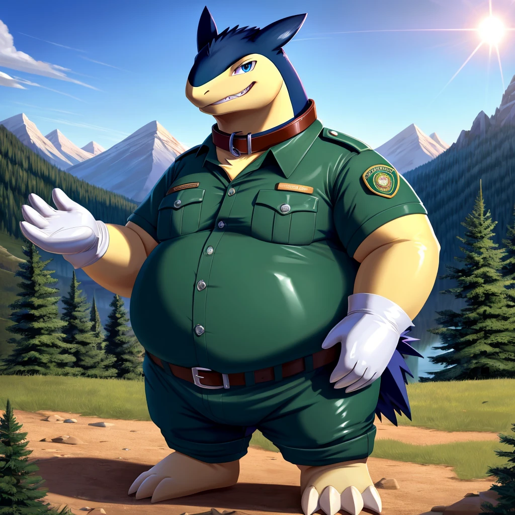 solo, full body, Male, fat, extremely obese, Typhlosion, park ranger, trousers, outdoor, park ranger uniform, collared shirt with buttons, blue eyes, (soft shading), 4k, hi res, ((detailed face, detailed)), looking at viewer, evil grin, Typhlosion is wearing the collared shirt and leather collar at the same time, Typhlosion is wearing a glossy leather dog collar around the neck, Typhlosion is wearing white rubber gloves on the hands, white rubber gloves on the feet, gloves are rubber in texture, leather collar is shiny, leather collar is extremely detailed, rubber gloves are glossy, Evergreen pine forest and mountains national park in the background, Environmental protection area.
