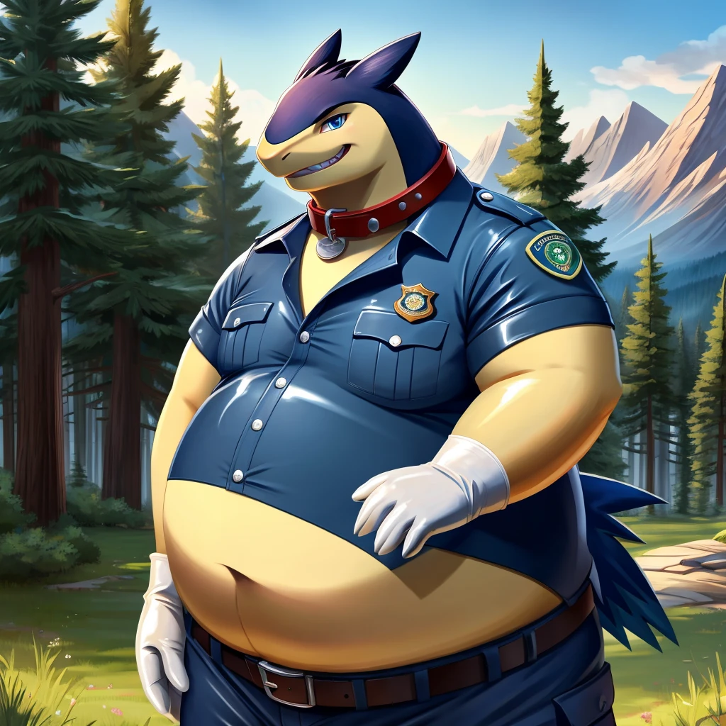 solo, full body, Male, fat, extremely obese, Typhlosion, park ranger, trousers, outdoor, park ranger uniform, collared shirt with buttons, blue eyes, (soft shading), 4k, hi res, ((detailed face, detailed)), looking at viewer, evil grin, Typhlosion is wearing the collared shirt and leather collar at the same time, Typhlosion is wearing a glossy leather dog collar around the neck, Typhlosion is wearing white rubber gloves on the hands, white rubber gloves on the feet, gloves are rubber in texture, leather collar is shiny, leather collar is extremely detailed, rubber gloves are glossy, Evergreen pine forest and mountains national park in the background, Environmental protection area.