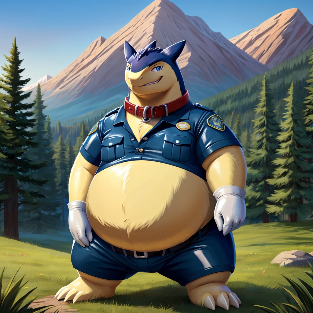 solo, full body, Male, fat, extremely obese, Typhlosion, park ranger, trousers, outdoor, park ranger uniform, collared shirt with buttons, blue eyes, (soft shading), 4k, hi res, ((detailed face, detailed)), looking at viewer, evil grin, Typhlosion is wearing the collared shirt and leather collar at the same time, Typhlosion is wearing a glossy leather dog collar around the neck, Typhlosion is wearing white rubber gloves on the hands, white rubber gloves on the feet, gloves are rubber in texture, leather collar is shiny, leather collar is extremely detailed, rubber gloves are glossy, Evergreen pine forest and mountains national park in the background, Environmental protection area.