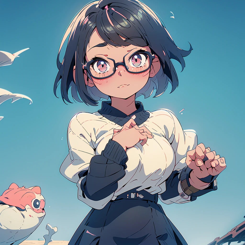 Elementary school girl with bob cut and glasses, touching her chest with both hands, large breasts, looking up, black hair, winking, seaside, pastel colors