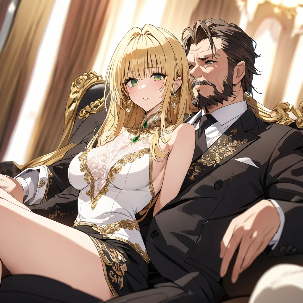 ((Highest quality)), ((masterpiece)), (detailed), （Perfect Face）、The woman is a thief with green eyes and medium-long blonde hair. She is wearing a luxurious black skirt-type suit with gold embroidery and trim, a luxurious and elegant white blouse with frills, jeweled earrings, and an engagement ring.、The woman is sitting close to the man on a luxurious sofa in a luxurious room.、The man is a dignified, bearded old man, extremely wealthy, wearing an expensive suit with lavish gold embroidery and trim, and wearing an engagement ring.