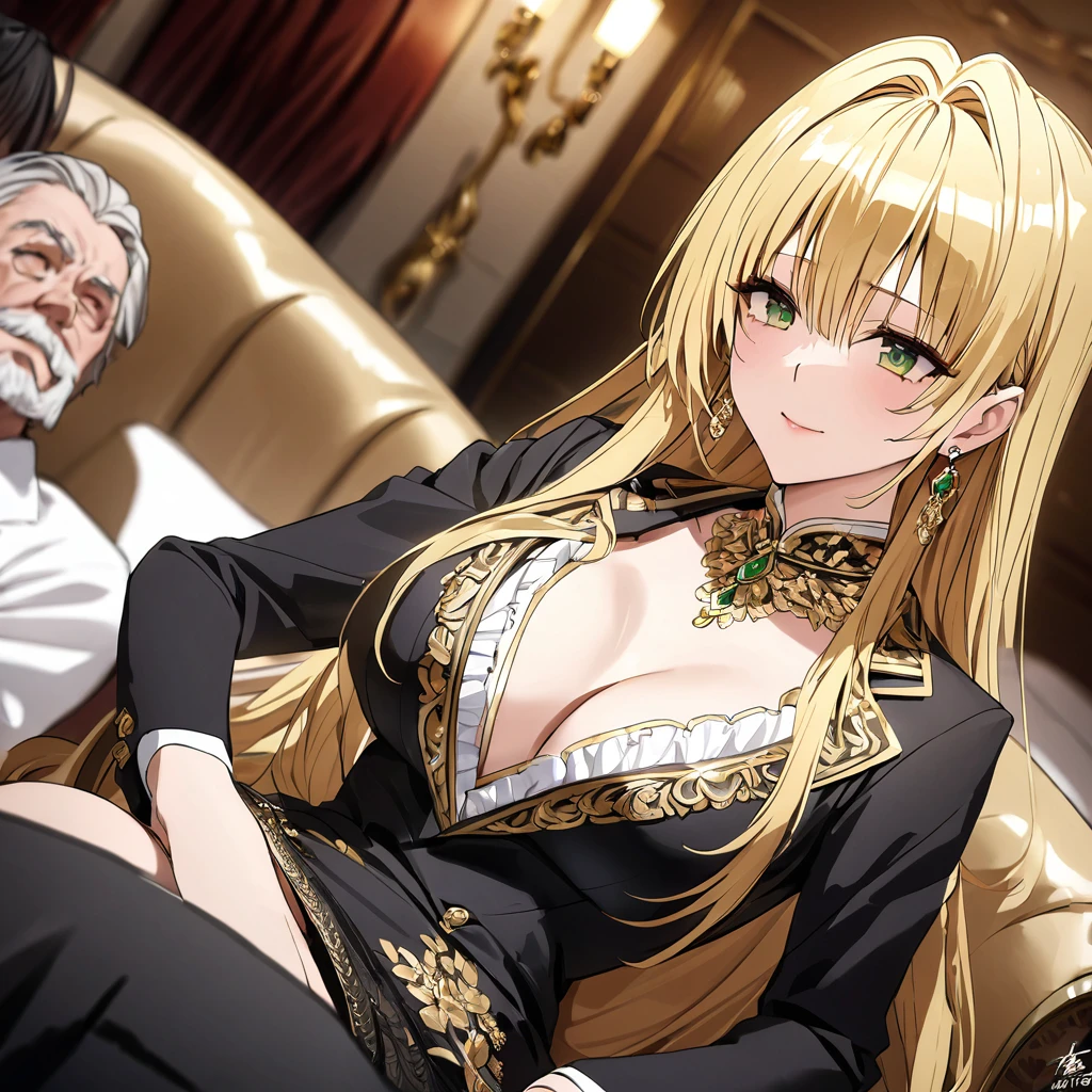 ((Highest quality)), ((masterpiece)), (detailed), （Perfect Face）、The woman is a thief with green eyes and medium-long blonde hair. She is wearing a luxurious black skirt-type suit with gold embroidery and trim, a luxurious and elegant white blouse with frills, jeweled earrings, and an engagement ring.、The woman is sitting close to the man on a luxurious sofa in a luxurious room.、The man is a dignified, bearded old man, extremely wealthy, wearing an expensive suit with lavish gold embroidery and trim, and wearing an engagement ring.