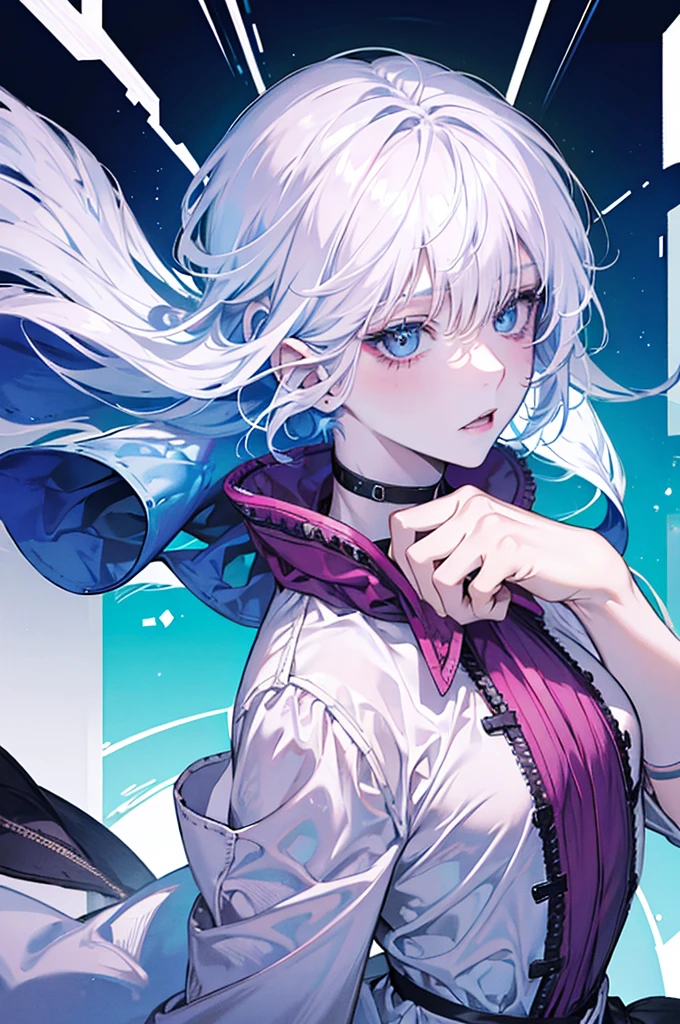 Albino teenage man has light blue eyes with long, drooping eyelashes, lips a little full and pink just like her cheeks, short hair with bangs and layers with split ends