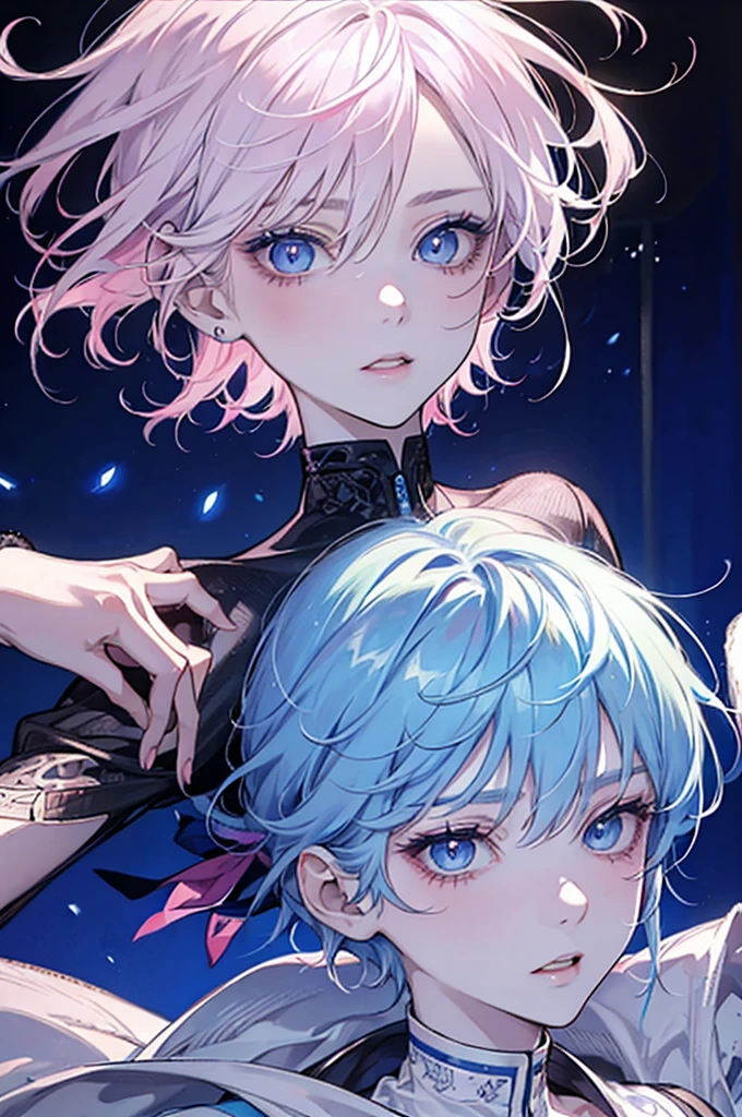 Albino age man has light blue eyes with long, drooping eyelashes, lips a little full and pink just like her cheeks, short hair with bangs and layers with split ends