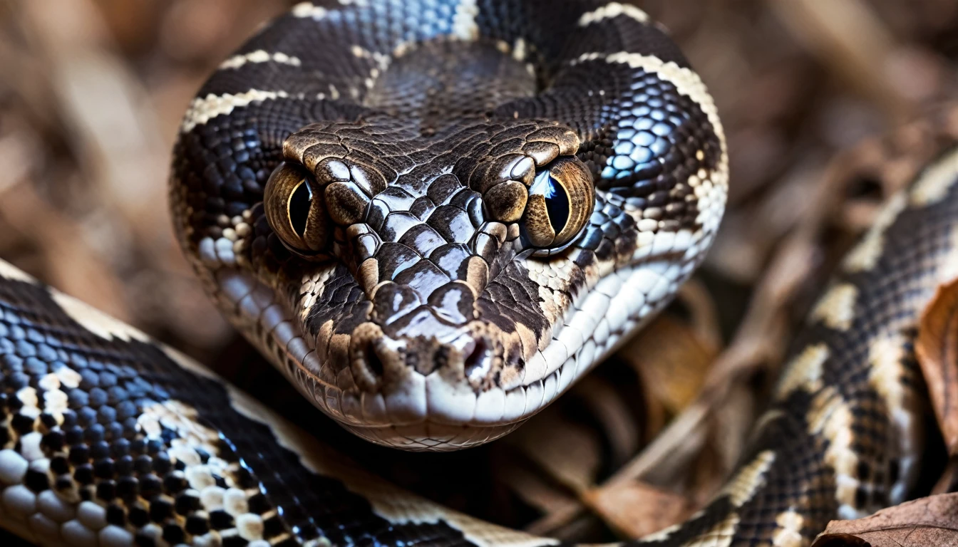 Image of a boa snake looking directly at the camera, with a penetrating and mesmerizing look. The head appears to be moving, Creating a dynamic effect. Eyes shine brightly and details are incredibly sharp. The boa&#39;s skin reflects light dazzlingly. A imagem, with its ultra-detailed 4K quality, it's truly stunning, evoking the beauty and intensity of a visionary experience with Ayahuasca