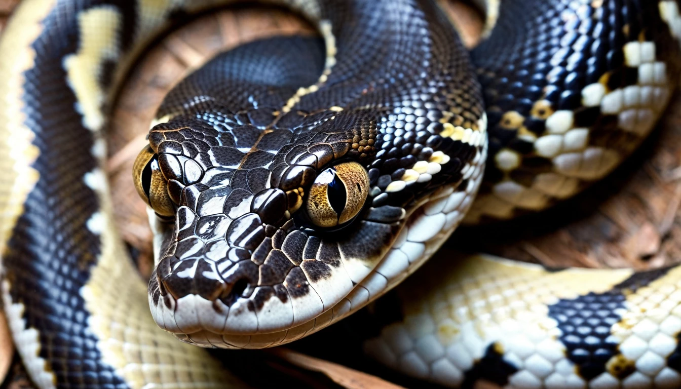 Image of a boa snake looking directly at the camera, with a penetrating and mesmerizing look. The head appears to be moving, Creating a dynamic effect. Eyes shine brightly and details are incredibly sharp. The boa&#39;s skin reflects light dazzlingly. A imagem, with its ultra-detailed 4K quality, it's truly stunning, evoking the beauty and intensity of a visionary experience with Ayahuasca