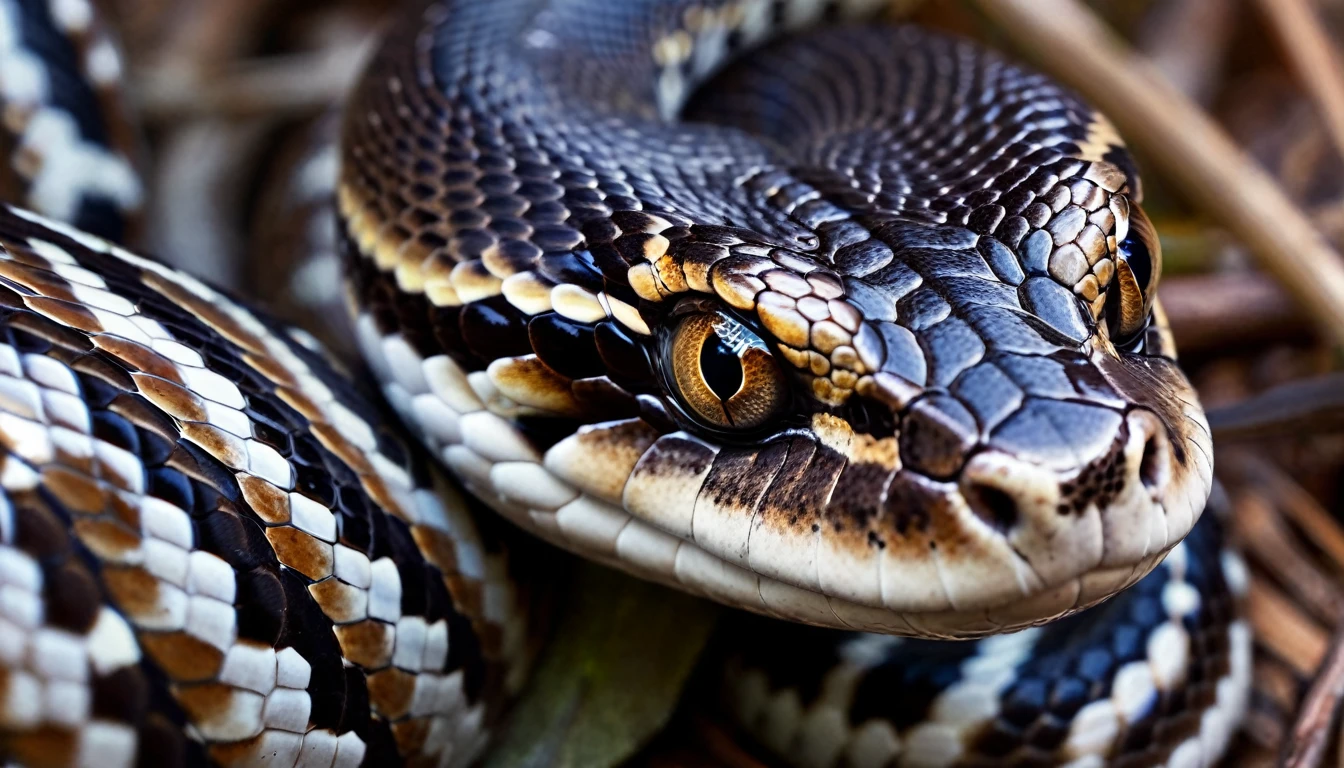 Image of a boa snake looking directly at the camera, with a penetrating and mesmerizing look. The head appears to be moving, Creating a dynamic effect. Eyes shine brightly and details are incredibly sharp. The boa&#39;s skin reflects light dazzlingly. A imagem, with its ultra-detailed 4K quality, it's truly stunning, evoking the beauty and intensity of a visionary experience with Ayahuasca