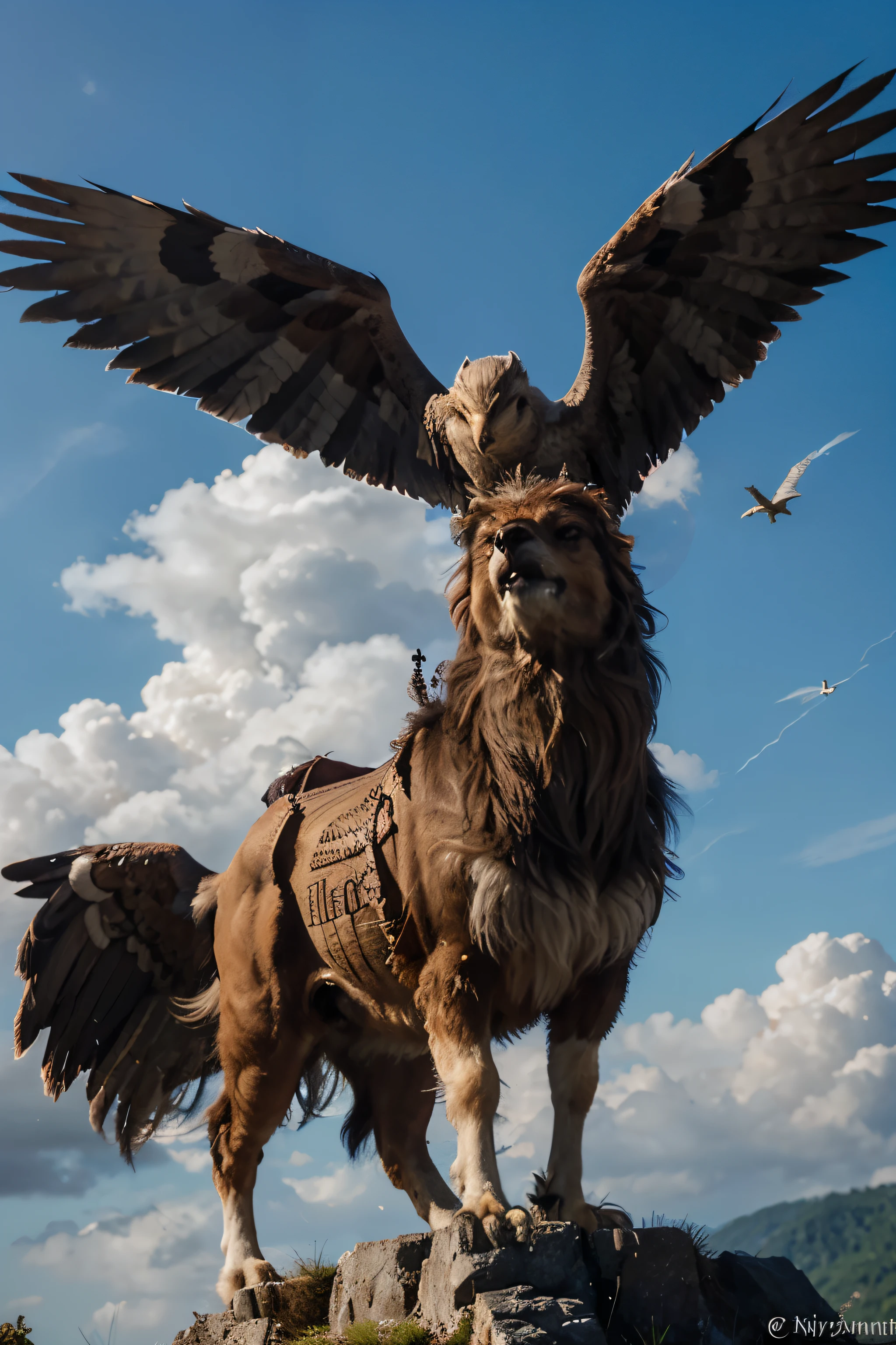Un majestueux griffon avec des plumes dorées et des yeux perçants, volant au-dessus des nuages avec des montagnes en arrière-plan. Le griffon a des ailes larges et puissantes, des serres acérées et un bec pointu. Des rayons de soleil percent les nuages, créant une ambiance céleste et éclatante. L'éclairage est brillant et doré, avec des ombres douces créées par les nuages et les ailes du griffon. Intègre un symbole de rune magique lumineuse sur une plume de la poitrine du griffon, rayonnant d'une lueur dorée.