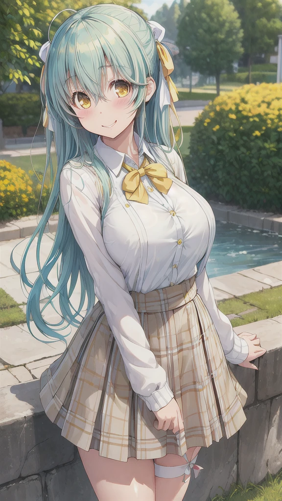 masterpiece, Highest quality, High resolution, Ah, Kiyoshi, Long Hair, Aqua Hair, White corner, Hair Ribbon, Yellow ribbon, Yellow Eyes, cardigan, Checked skirt, Put your arms behind your back, smile, Open your mouth, petal, Outdoor, Big Breasts
