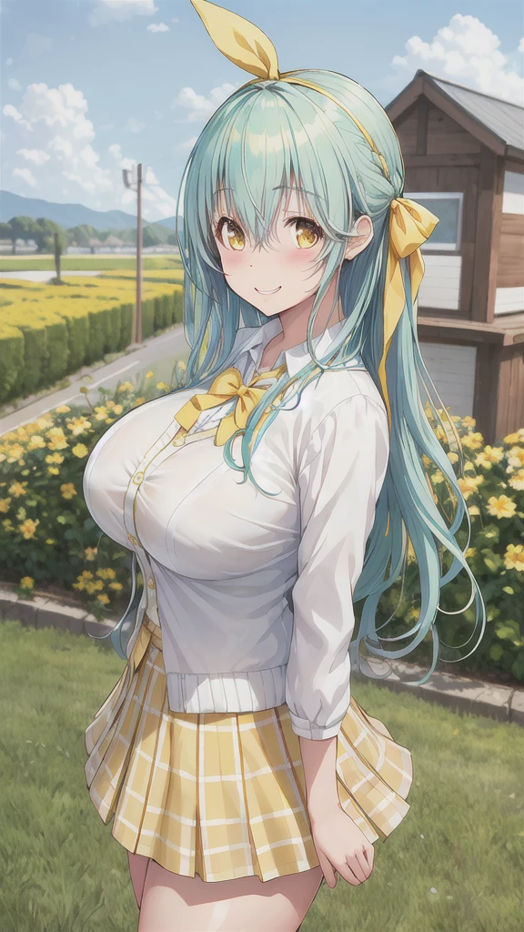 masterpiece, Highest quality, High resolution, Ah, Kiyoshi, Long Hair, Aqua Hair, White corner, Hair Ribbon, Yellow ribbon, Yellow Eyes, cardigan, Checked skirt, Put your arms behind your back, smile, Open your mouth, petal, Outdoor, Big Breasts
